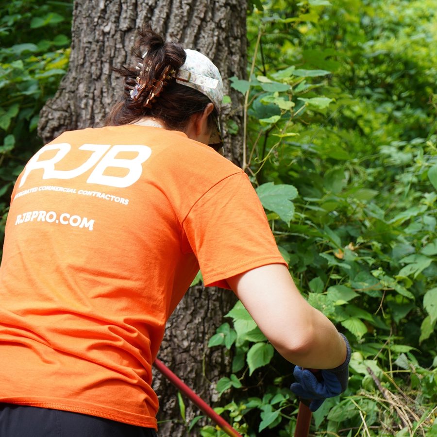 RJB team member in an orange RJB shirt clearing brush outdoors during a volunteer day