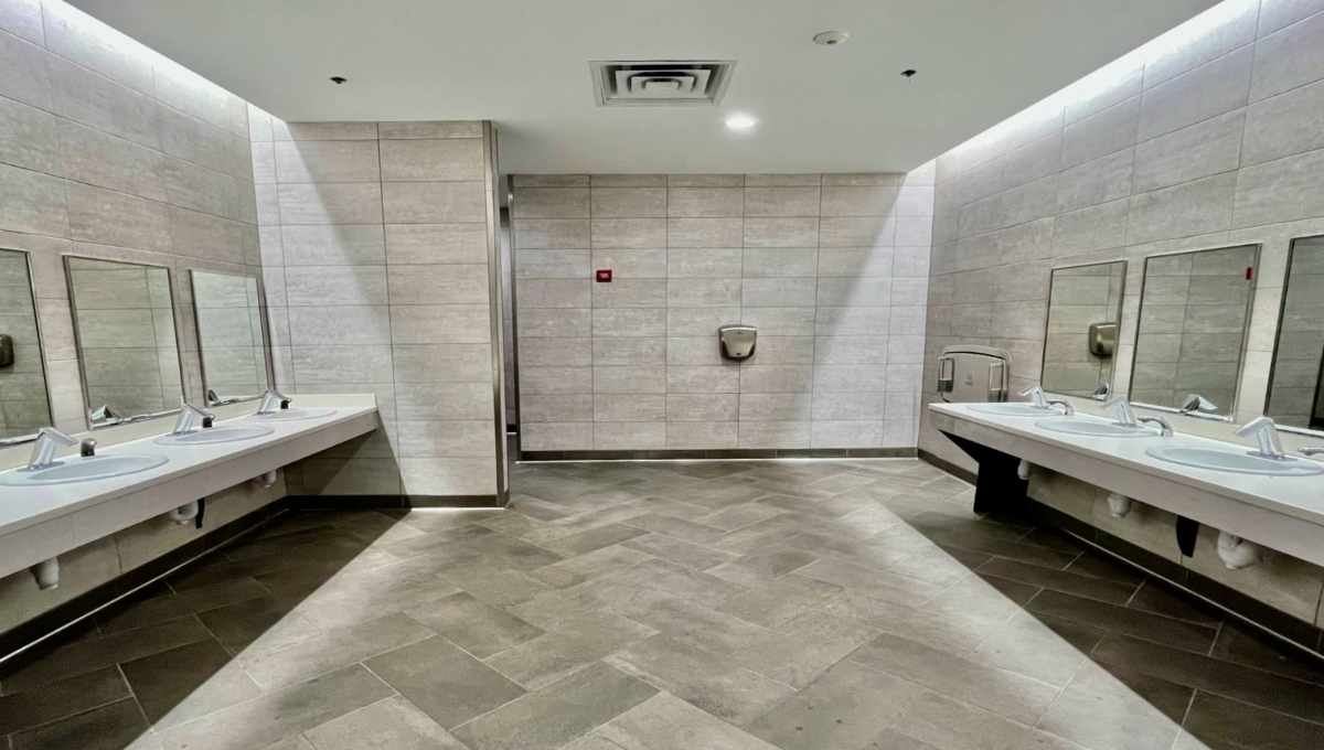 Completed restroom renovation inside an active retail store