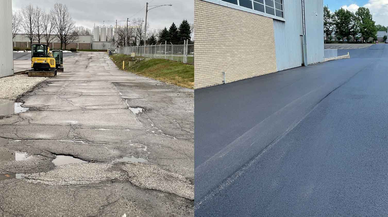 On the left, a stretch of parking lot with faded and cracked apart asphalt. On the right, a freshly paved stretch of asphalt.
