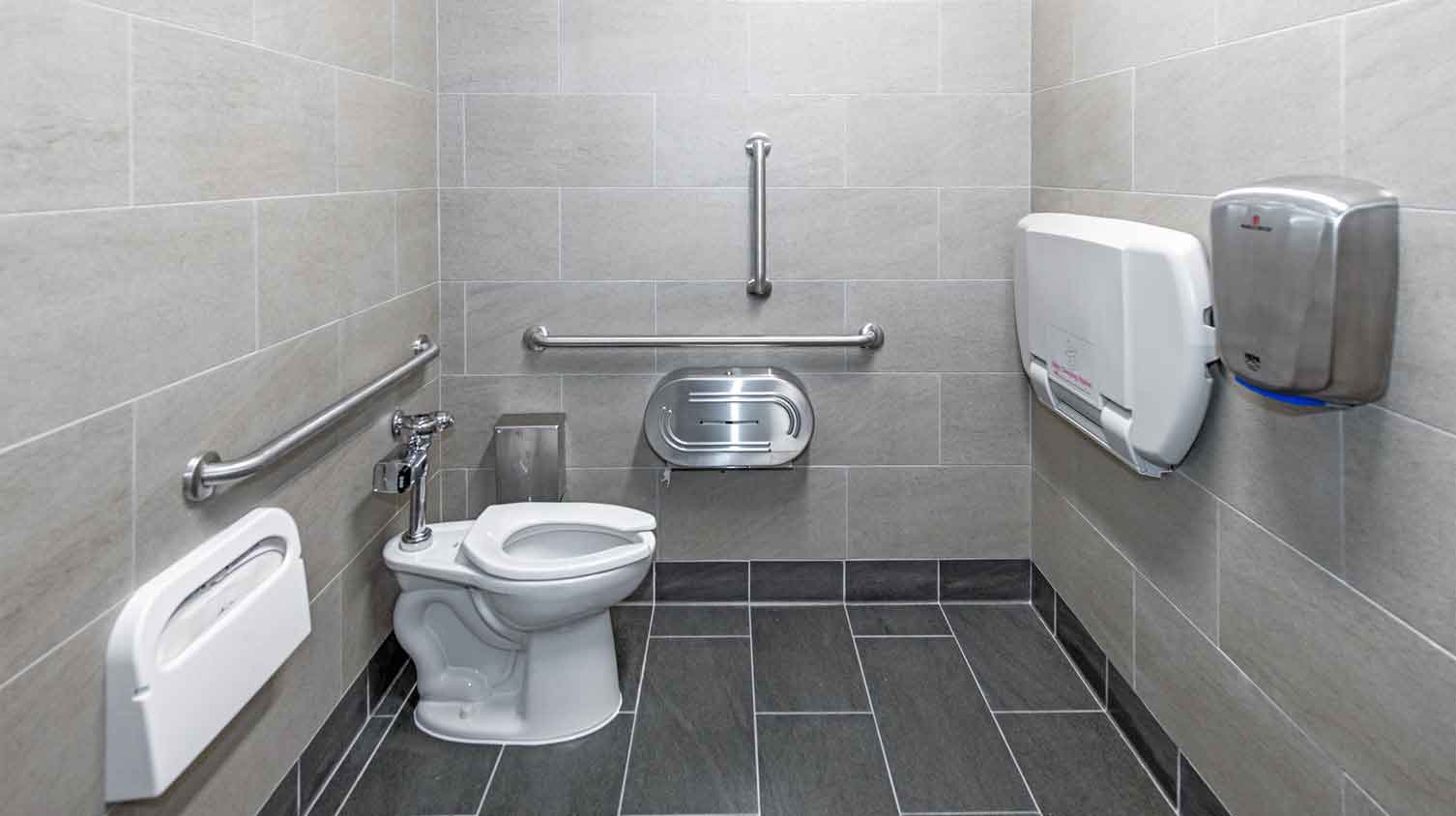 Interior shot of an accessible bathroom stall